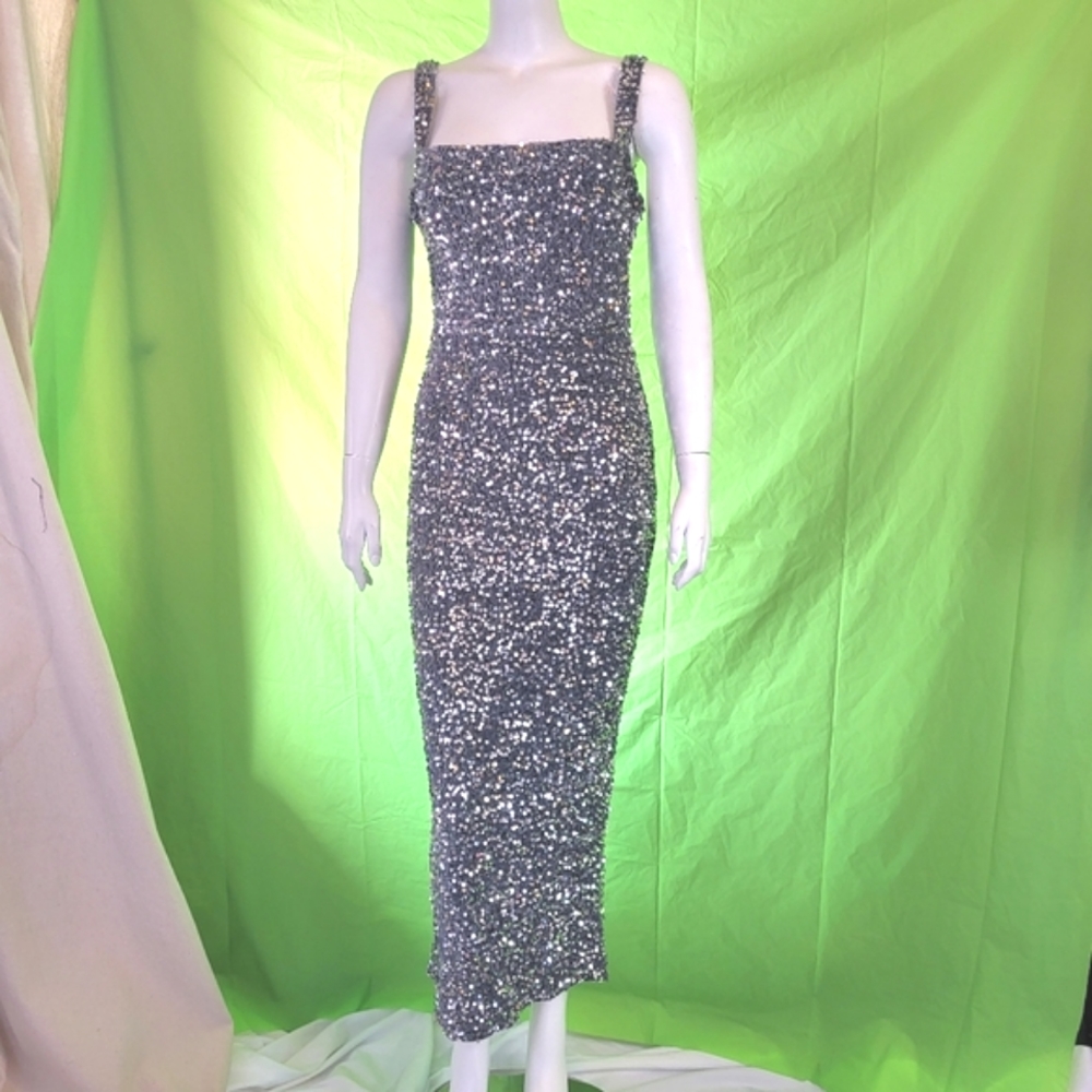 Crushed grey velvet with silver sequins long dress - med, med- large